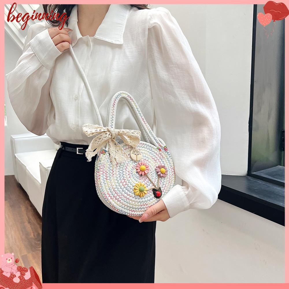 Túi Đeo Chéo Đan Len Hình Tròn Đính Hoa Dễ Thương Thời Trang Mùa Hè Cho Nữ