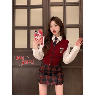 Set áo sơ mi dài tay và chân váy ca rô phong cách hàn quốc dành cho nữ