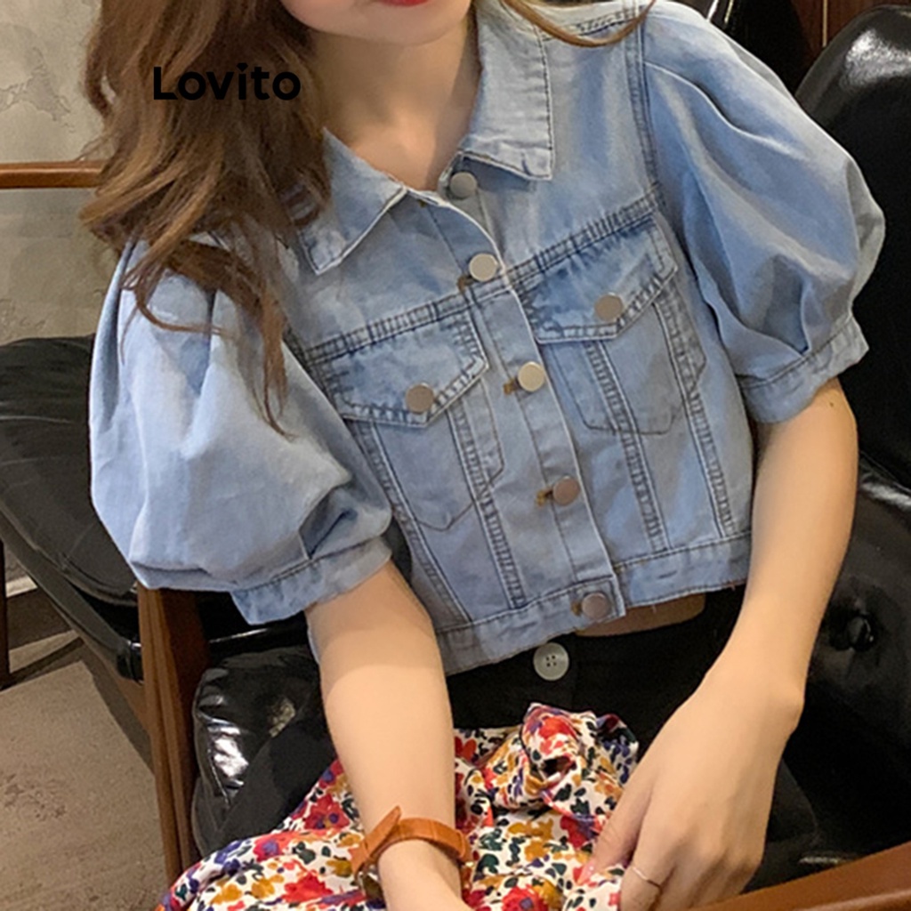 Lovito Áo denim có cấu trúc trơn giản dị dành cho nữ LNE24241 (Màu xanh da trời)