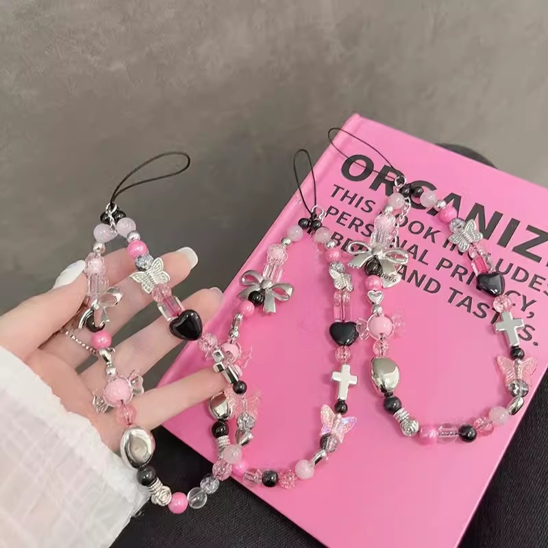 Dây Đeo Điện Thoại Dạng Chuỗi Hạt Ngắn Mặt Hình Bướm Hồng Làm Tay diy Cho Nữ