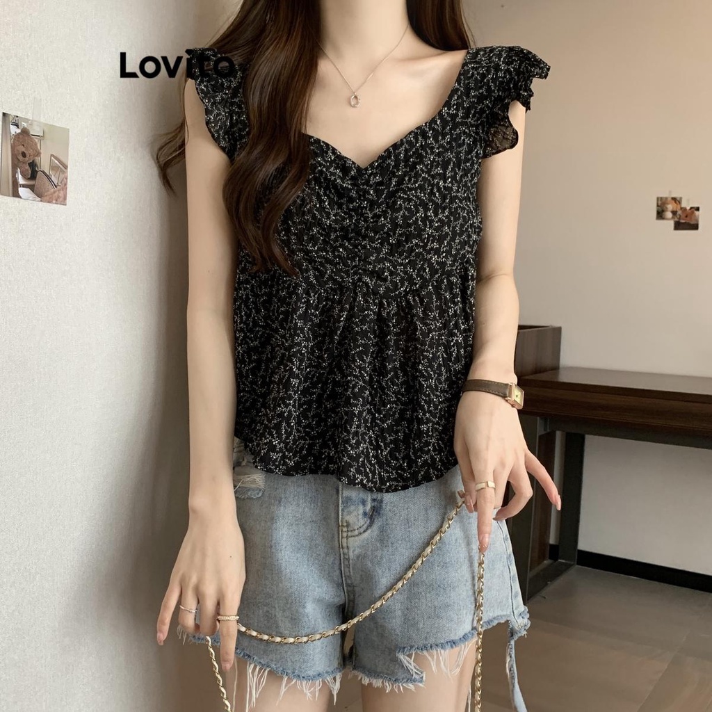 Lovito Áo xếp nếp trơn dễ thương cho nữ LNE38098