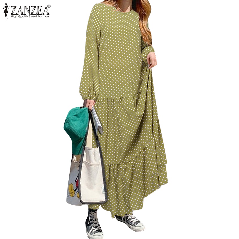 Zanzea Đầm Dài Tay Dáng Chữ a Họa Tiết Chấm Bi Thời Trang Nữ Tính