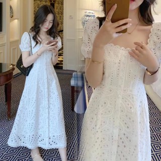Đầm Dài Cổ Vuông Tay Phồng Thêu Họa Tiết Phong Cách Hàn Quốc Cho Nữ