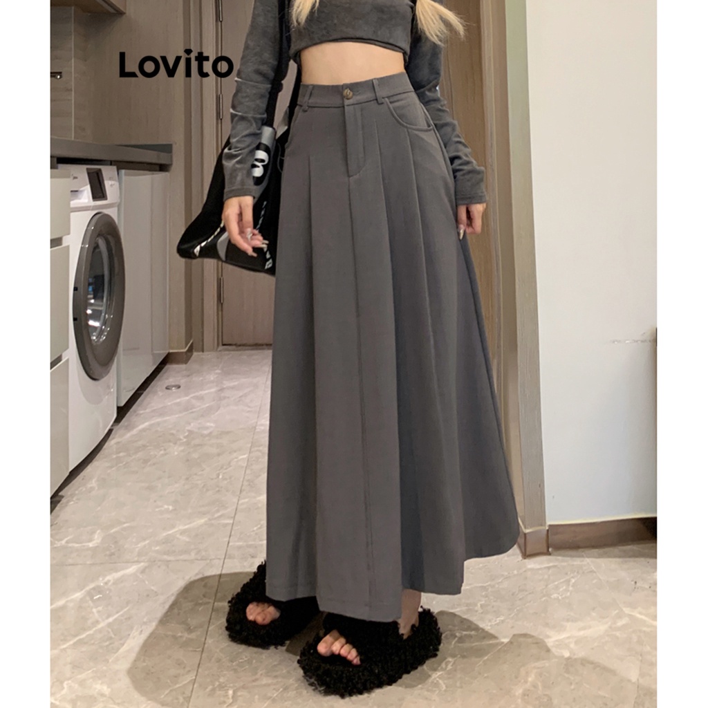Lovito Váy xếp ly có túi trơn thông thường dành cho nữ LNE35221 (Xám/Trắng/Đen)