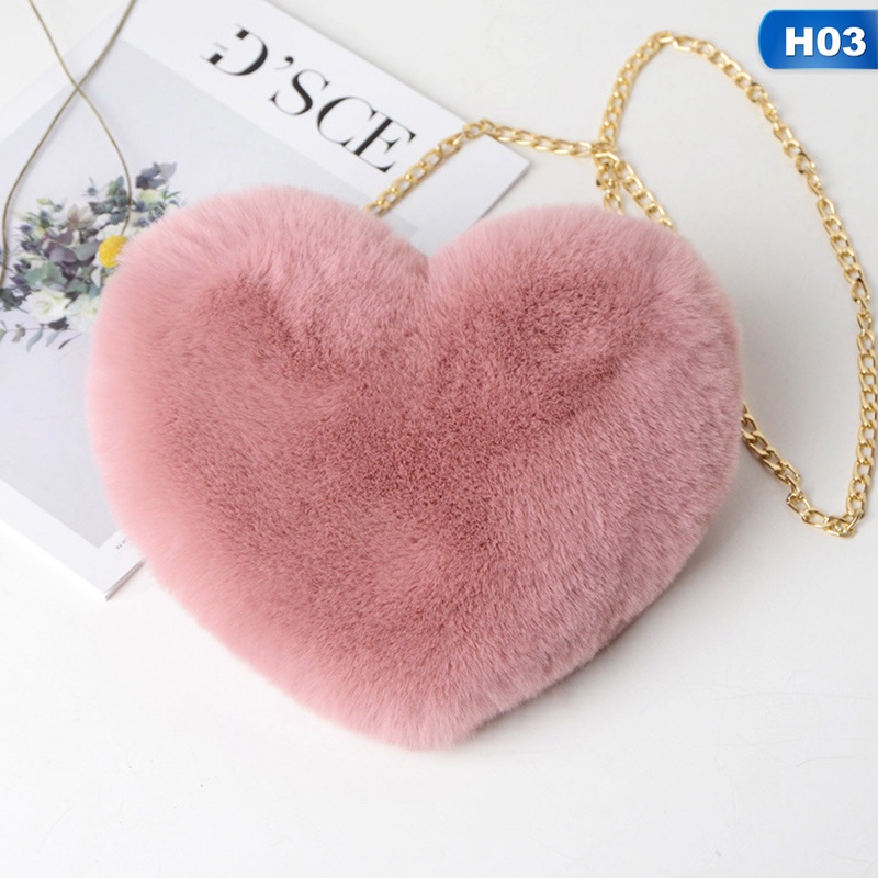 Nuserw Túi Đeo Chéo Vai Nhỏ Hình Trái Tim Lông Giả Màu Trơn Mùa Đông Cho Nữ