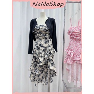 Váy Đầm Nữ Chất Voan Hai Dây Nhún Ngực Sang Chảnh Họa tiết Hoa Xòe Bèo Đuôi Cá Kèm Áo Khoác Thun Gân