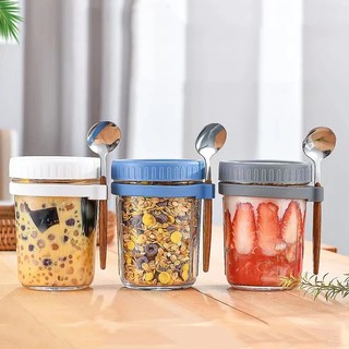 Cốc uống thủy tinh chịu nhiệt 350ml có thìa cầm tay Hộp hũ lọ thủy tinh đựng ngũ