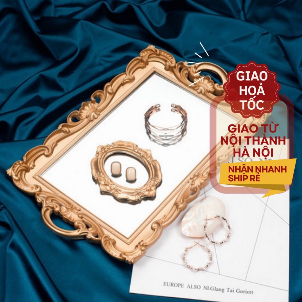 Khay gương vintage, gương cổ điển mạ vàng, đạo cụ chụp ảnh trang trí decor