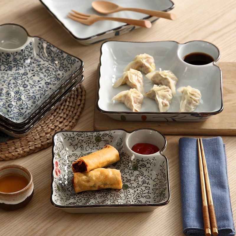 Dumpling Plate with Vinegar Plate Creative Ceramic Plate Breakfast Grid Plate Household Dish Plate J