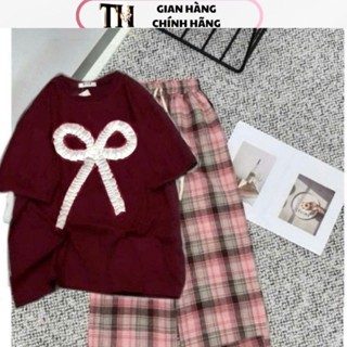 Sét bộ đồ quần ống rộng kẻ CARO hồng  kèm áo phông phom rộng tay lỡ  hình nơ rúm ĐỎ By TH Store