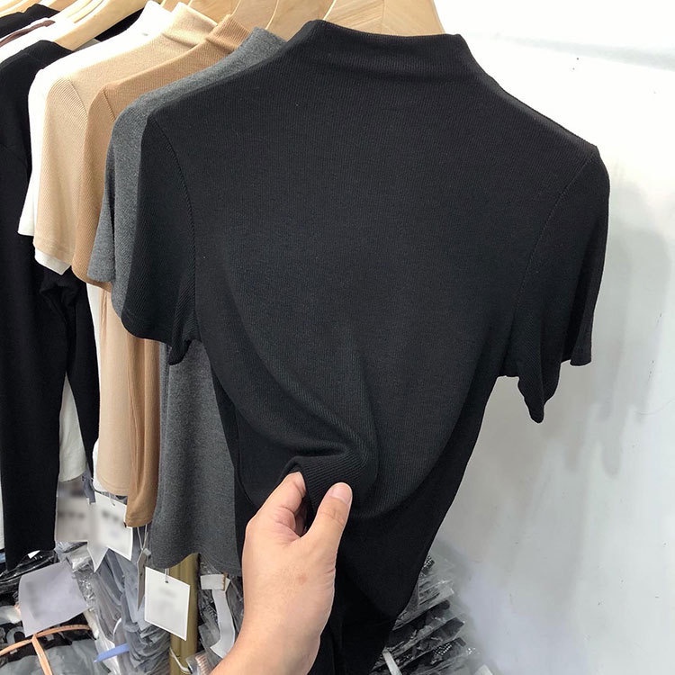 Bh Áo Thun cotton Ngắn Tay Cổ Cao Màu Trơn Dáng Ôm Cho Nữ