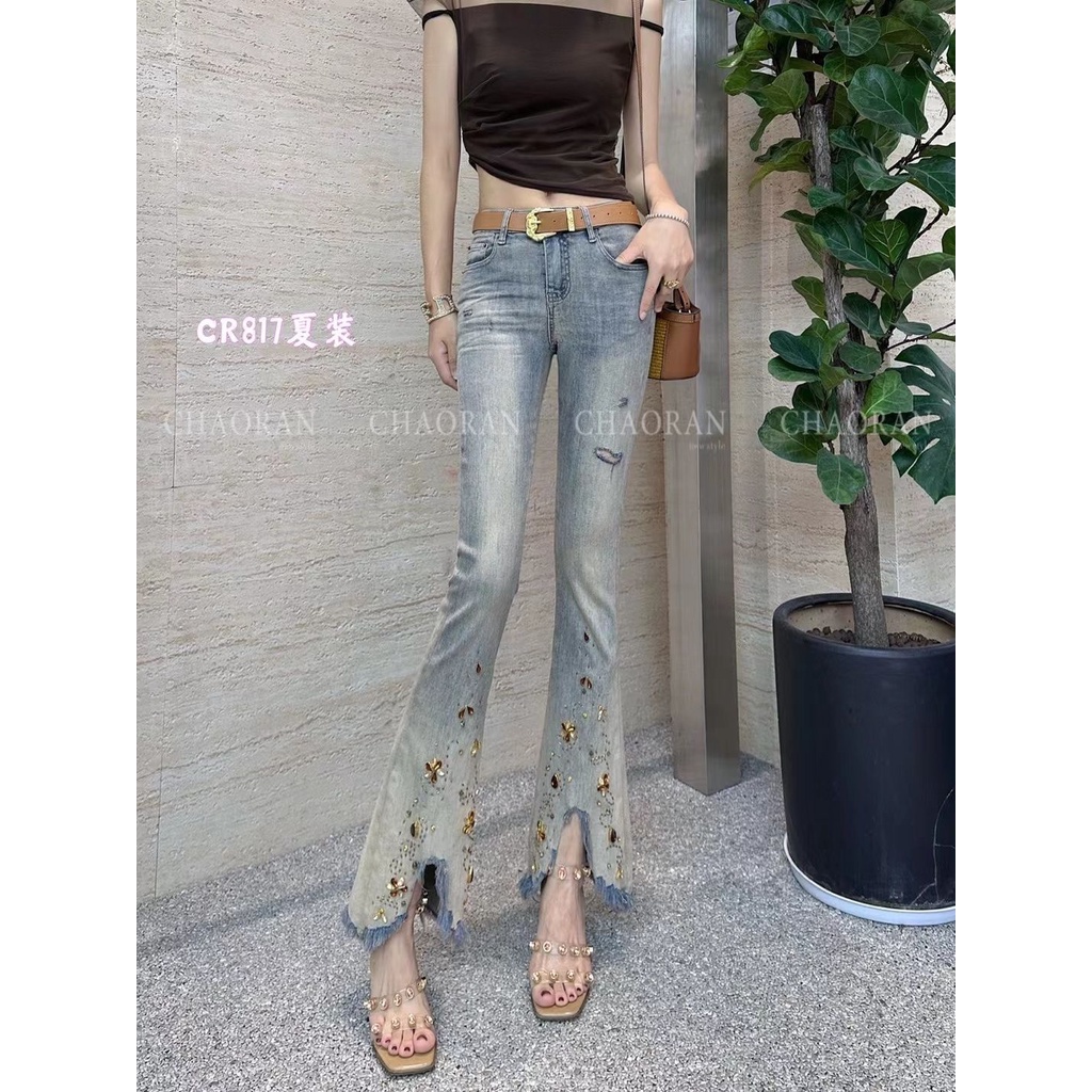 Mới Quần denim Ống Loe Xẻ Tà Thêu Hạt Cườm Màu gradient Thời Trang Mùa Hè Cho Nữ Bán Chạy