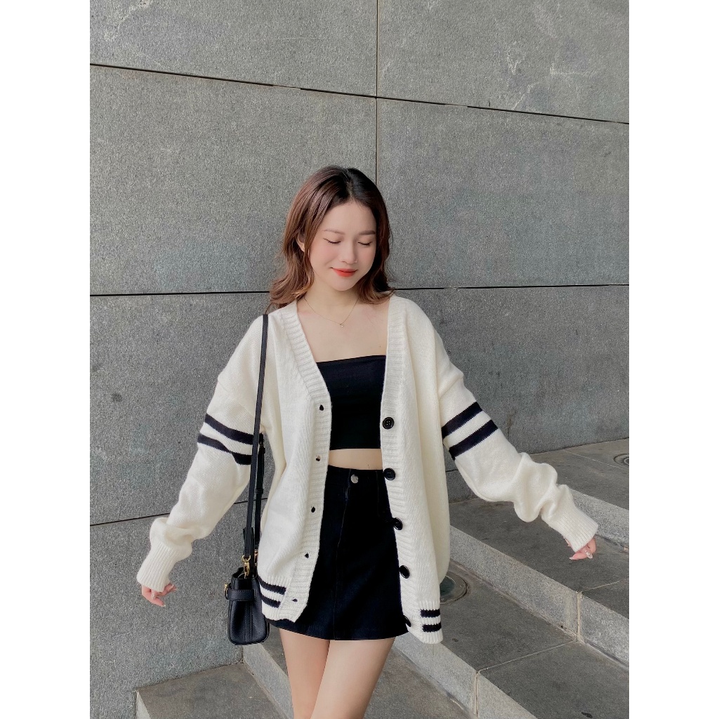ÁO KHOÁC len cardigan nữ sọc viền tay - . - CDGlenvachtay9916_Be_P7K1