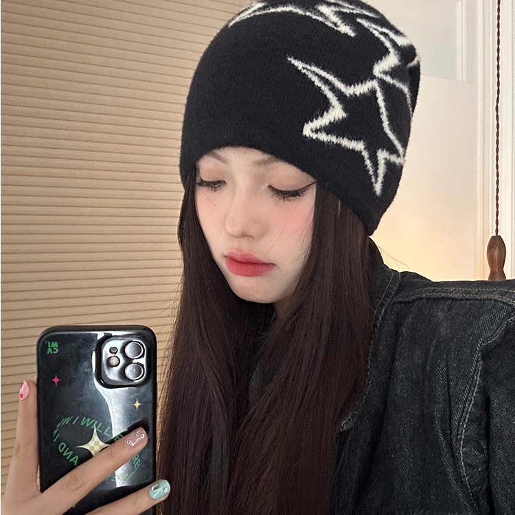 Mũ Len Beanie Họa Tiết Ngôi Sao Phong Cách retro Nhật Bản