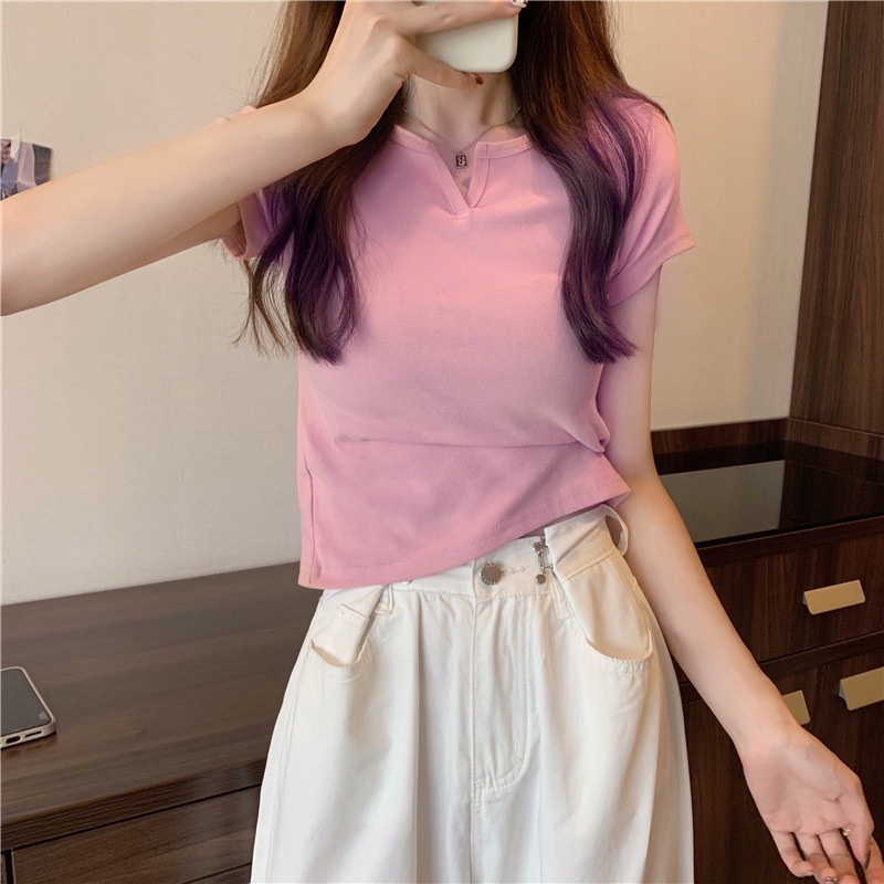 OOP Áo Thun Croptop Tay Ngắn Dáng Ôm Màu Hồng Thời Trang Mùa Hè Cho Nữ HZFWC8223