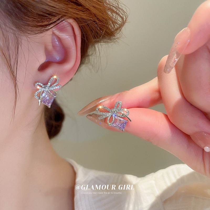 Khuyên Tai Bạc Đính Đá zircon Tím Sang Trọng Phong Cách Hàn Quốc