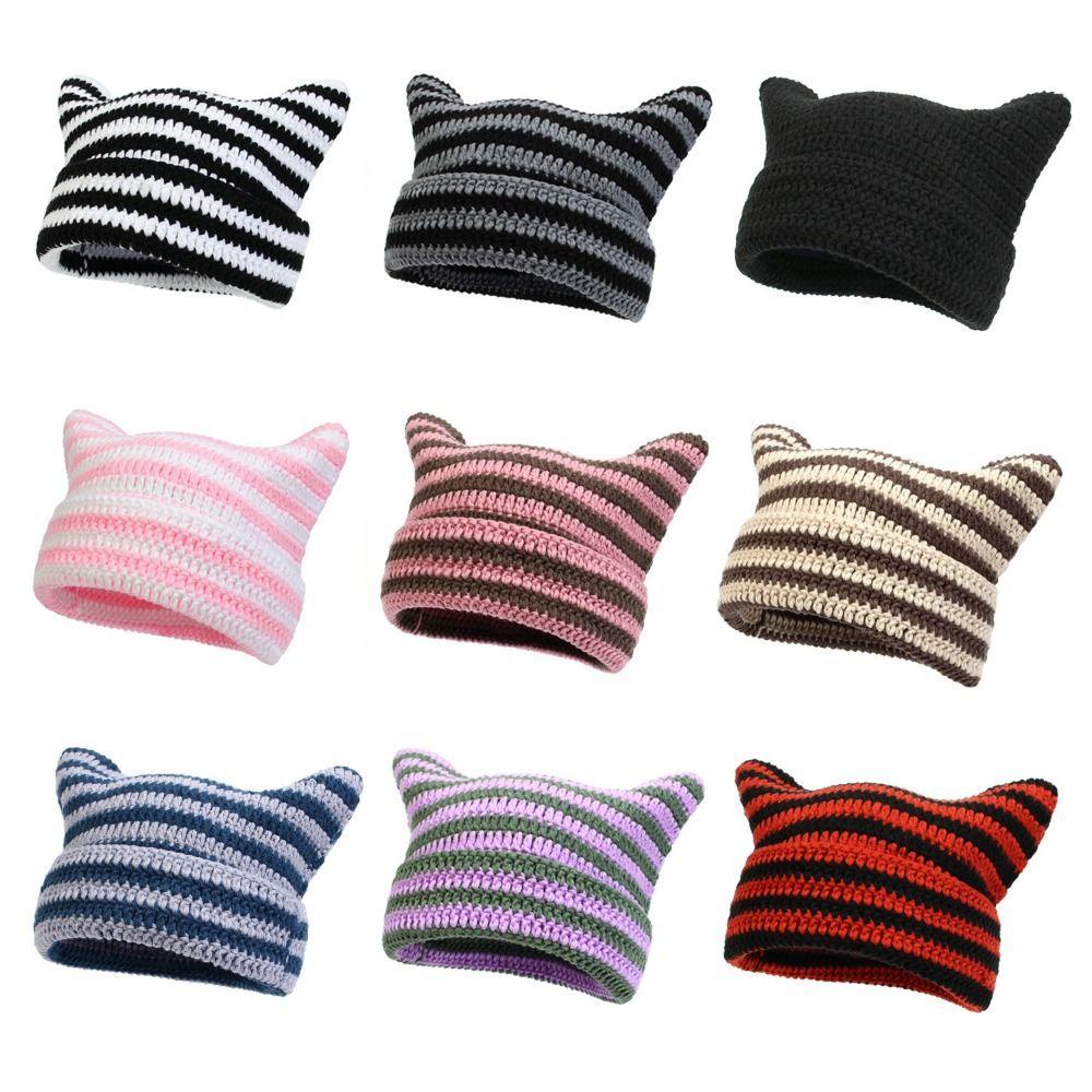 Muvako Mũ Len beanie Nhật Bản Kẻ Sọc Ngang Đính Tai Mèo Dễ Thương Phong Cách gothic punk Giữ Ấm Đơn Giản y2k unisex