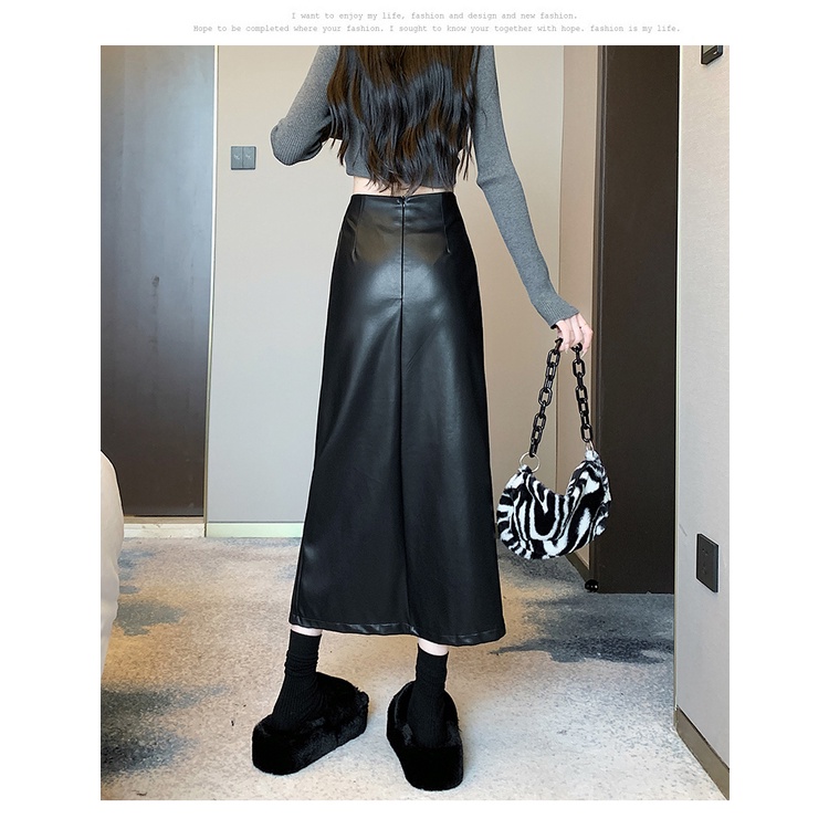 Liasynn Dụng Cụ Đóng Mắt Nằm Đóng ~ Công Cụ Cầm Tay Chân Dài!Chân Váy Da Dáng Chữ a Lưng Cao Xẻ Tà Thời Trang Thu Đông Cho Nữ