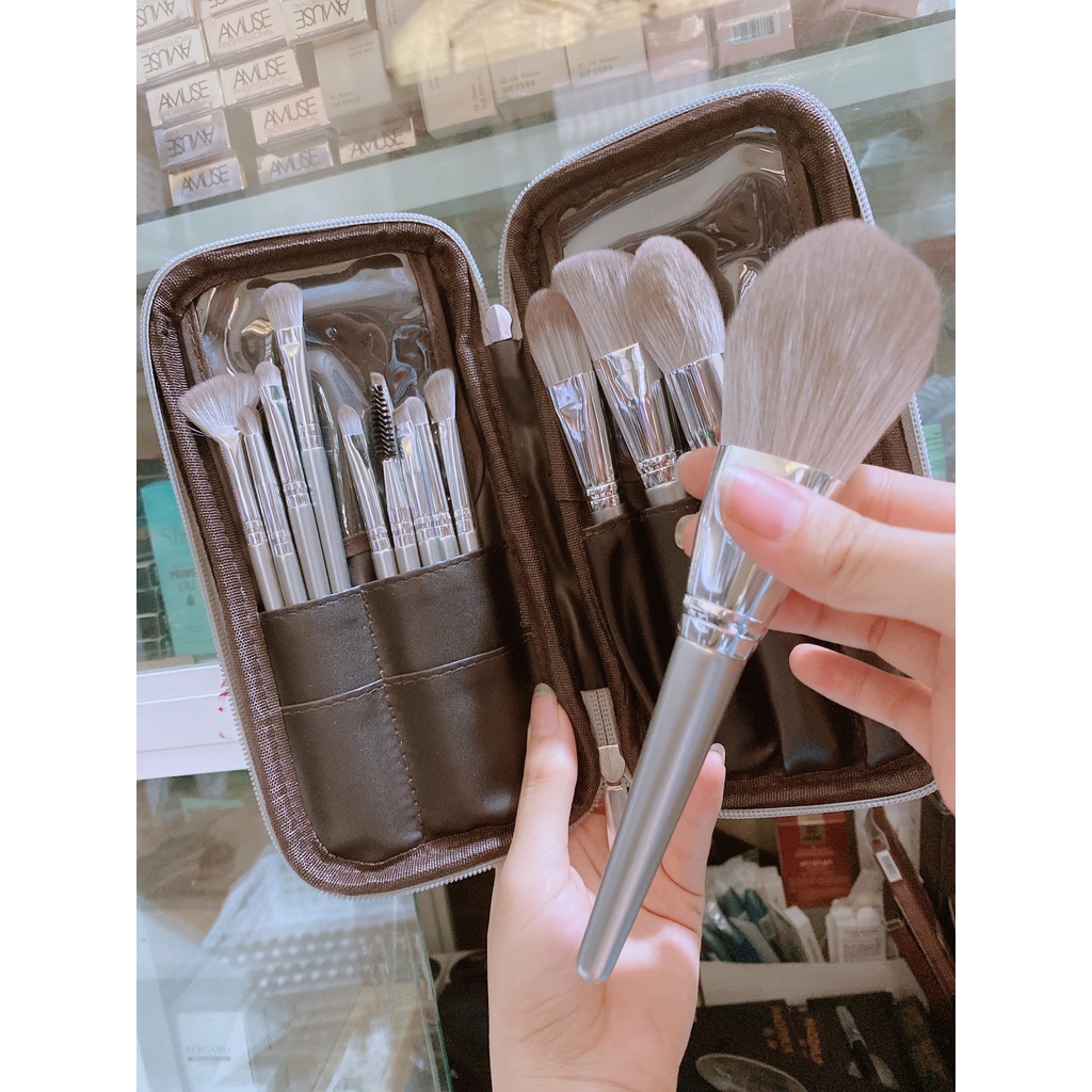 Bộ Cọ Trang Điểm Makeup Cá Nhân 14 Cây +Kèm Bao Da Xám