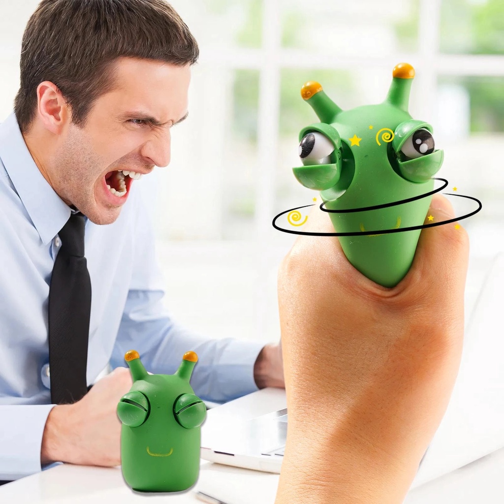 Sâu xanh bóp mắt trố vui nhộn, Đồ chơi bóp tay giảm căng thẳng hình chú sâu mắt lồi dễ thương