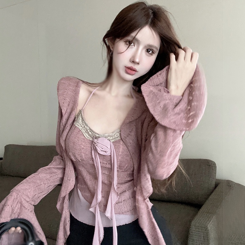 Áo Khoác cardigan Dệt Kim Tay Loe + Áo Hai Dây Ôm Dáng Ngọt Ngào Cho Nữ