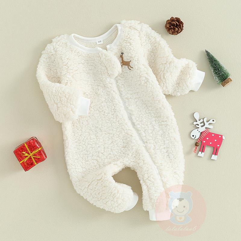 Laa6-baby Áo Liền Quần Dài Tay Cổ Tròn Thêu Hình Hươu Có Khóa Kéo Giáng Sinh