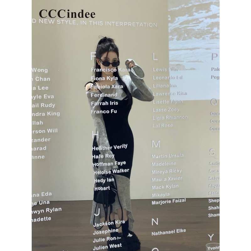 Cccindee Đầm Nữ Tay Dài Hở Vai Phối Màu Tương Phản Thời Trang 2023