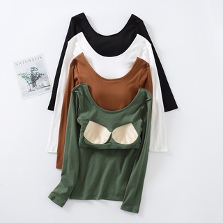 Áo thun 100% cotton 2 trong 1 tay dài cổ tròn có mút đệm ngực dành cho nữ