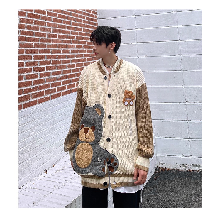 Áo Khoác cardigan Dệt Kim Thêu Họa Tiết Gấu Màu Sắc Tương Phản Thời Trang Thu Đông 2023
