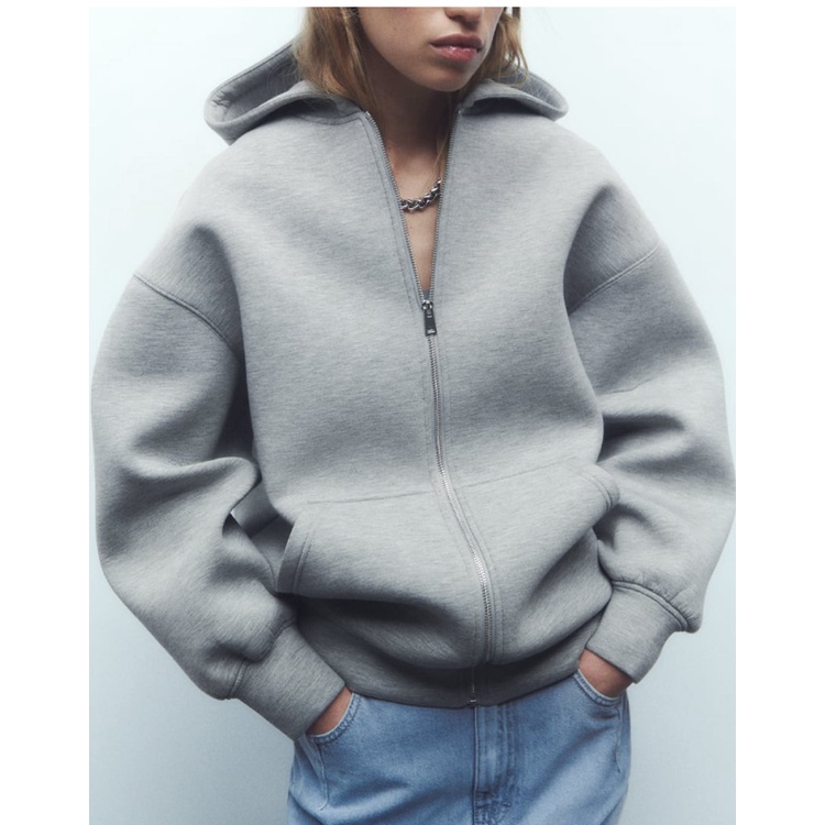 Zara Áo Khoác Hoodie Dáng Dài Phối Khóa Kéo Kim Loại Thời Trang Thu Đông Cá Tính8073221