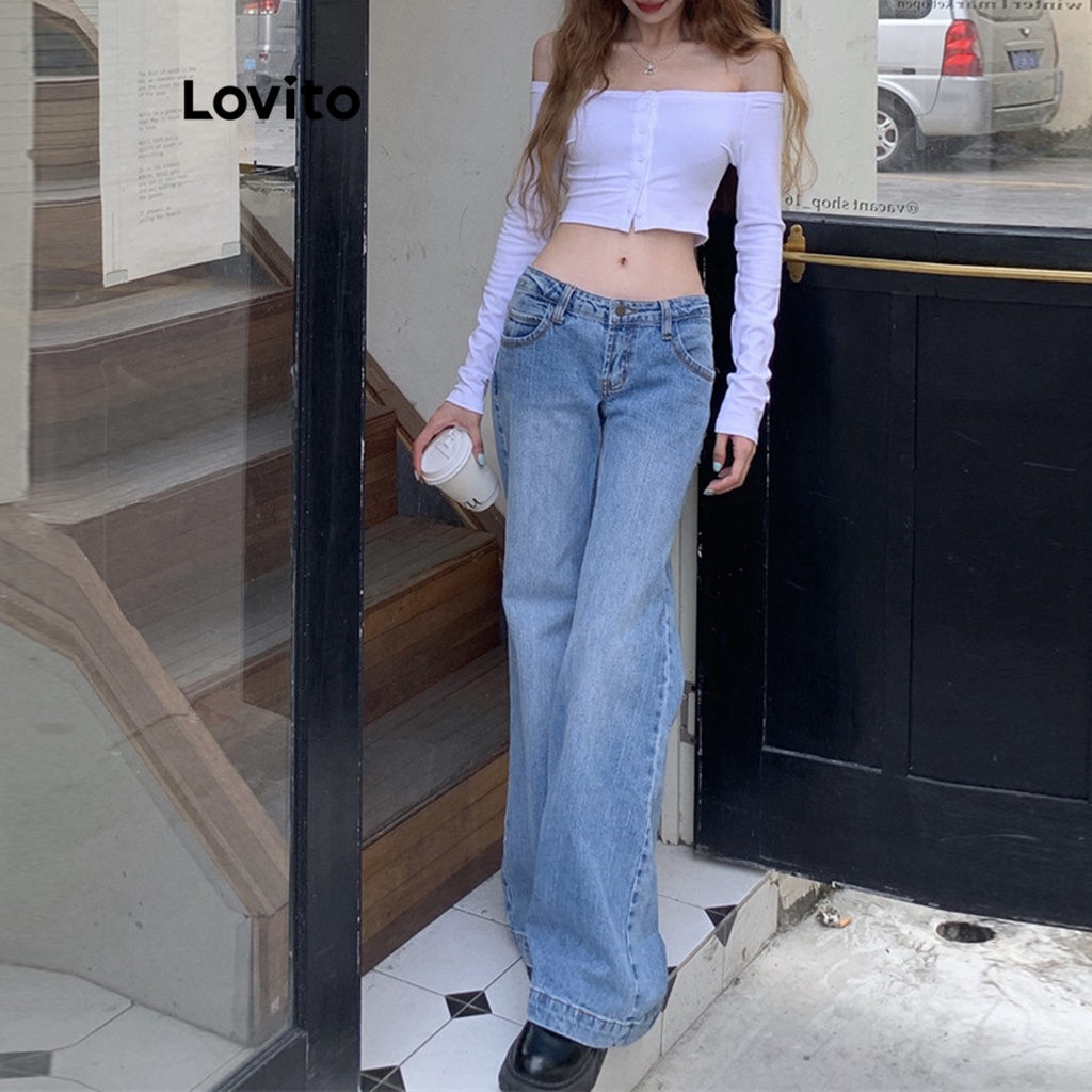 Lovito Áo thun trễ vai trơn đơn giản dành cho nữ LNA26161