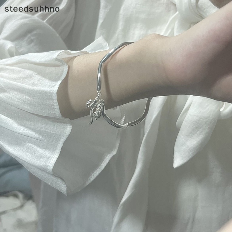 Steedsu Vòng Đeo Tay Hở Màu Bạc Mặt Chuông Nơ Thời Trang Có Thể Điều Chỉnh Góc Duyên Dáng Dành Cho Nữ hhno