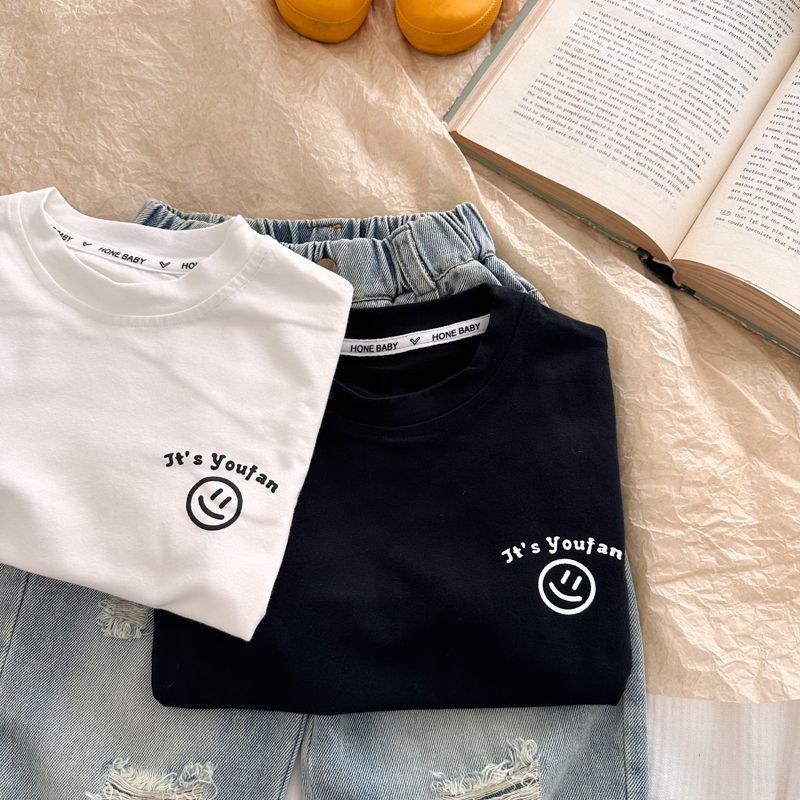 Áo Thun cotton Tay Dài In Hình Mặt Cười Thời Trang Thu Đông Cho Bé 90-140cm