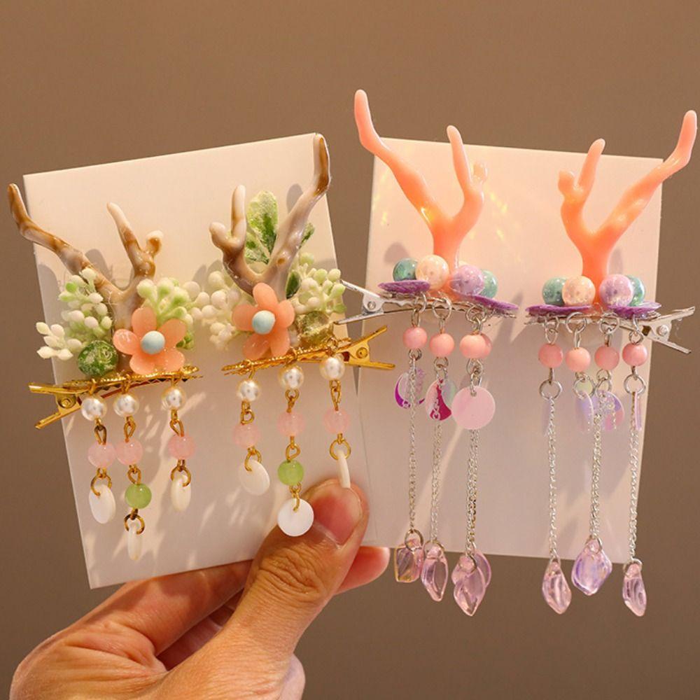 Moocho1 Kẹp Tóc Tua Rua Hình Sừng Hươu Hoa Phong Cách Cổ Điển Cho Bé Gái