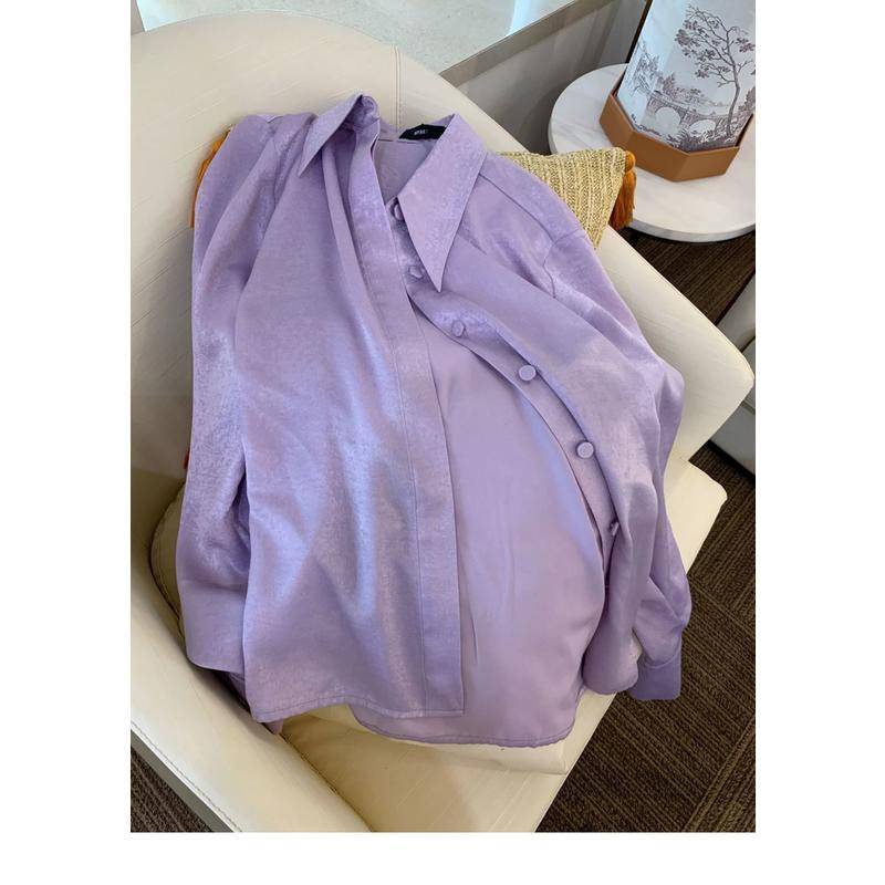 Áo Sơ Mi Tay Dài Vải satin Màu Tím Phong Cách Hàn Quốc Cao Cấp