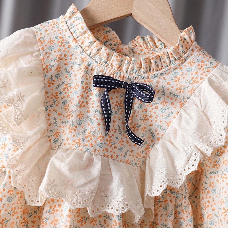 Đầm Công Chúa Tay Dài Thắt Nơ Eo Họa Tiết Hoa Kiểu Hàn Quốc Cho Bé Gái