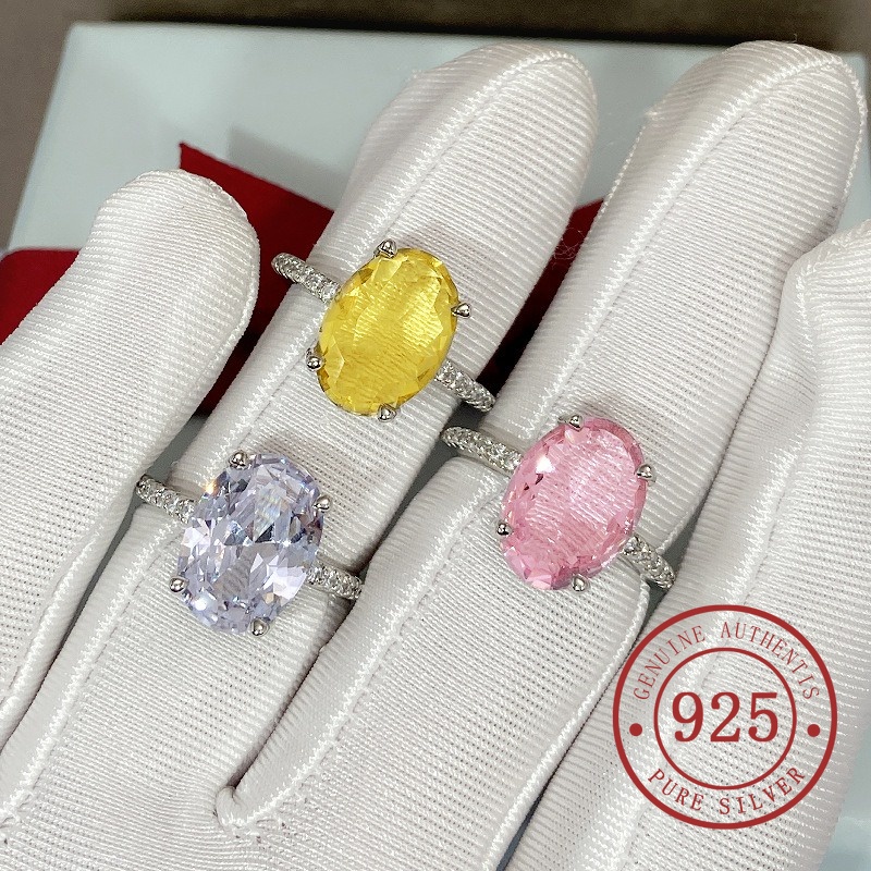 Gao Ding Đơn Giản Bạc S925 Mạ Bạch Kim Nhập Khẩu Hình Bầu Dục Nhiều Màu Sắc Pha Lê Nhẫn