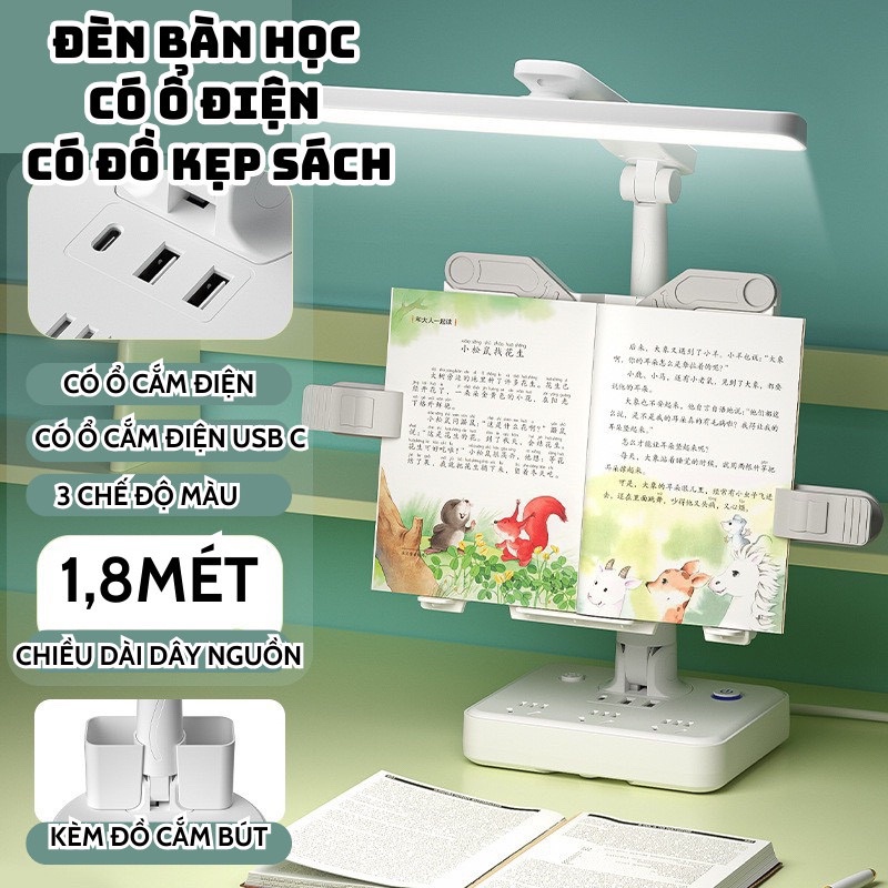Đèn Học Để Bàn Chống Cận Tích Hợp Kẹp Đọc Sách, Ổ Cắm Điện USB và Khay Đựng Bút.