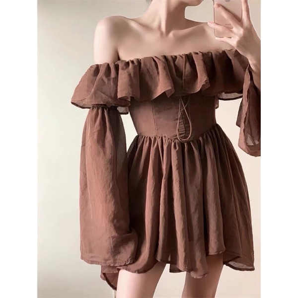 Đầm Váy Corset, Váy Tay Rũ Xoè Nhẹ, Váy Trễ Vai Màu Nâu Phù Hợp Đi Chơi, Đi Học, Đi Làm, Dự Tiệc
