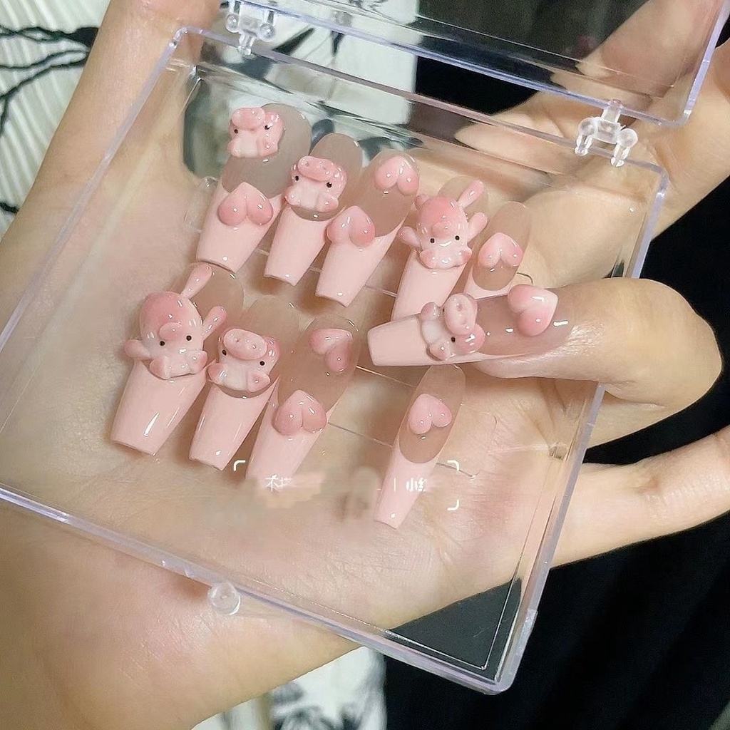 Dễ Thương Móng Tay handmade Ba Chiều Dài Trung Bình Hình Chú Heo Đáng Yêu Dễ Phối Đồ Phong Cách ins