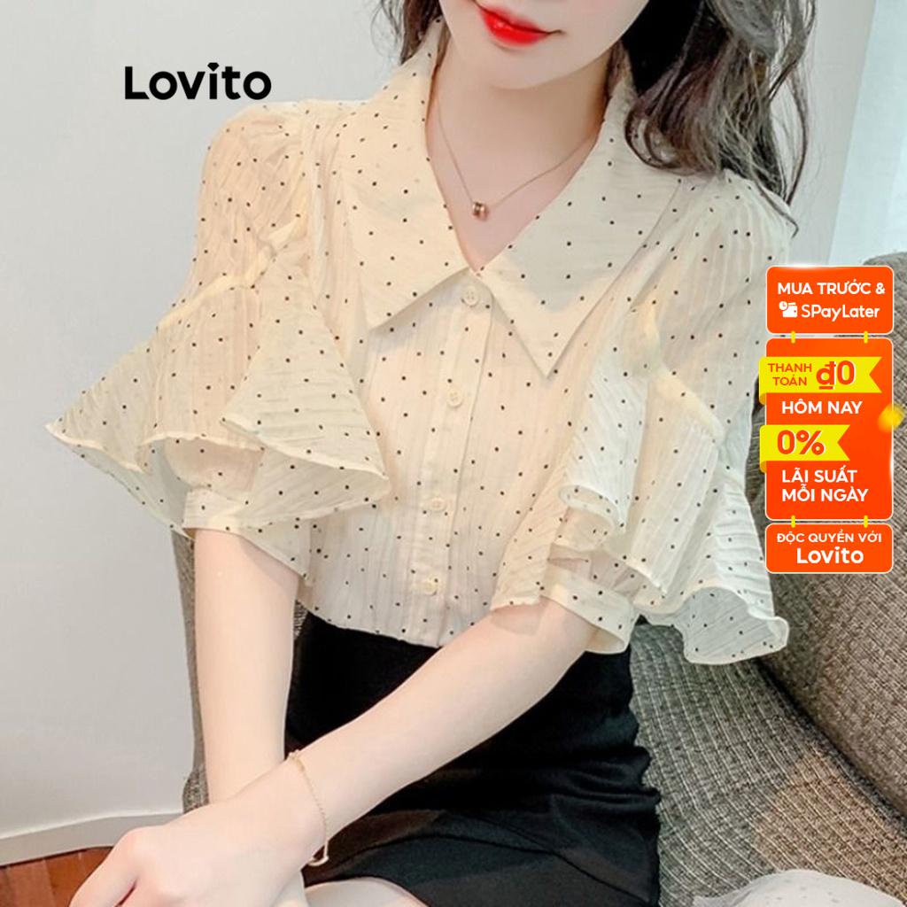 Áo kiểu Lovito tay ngắn cổ có nút phía trước họa tiết chấm bi phong cách thanh lịch dành cho nữ LNE07048 (trắng)