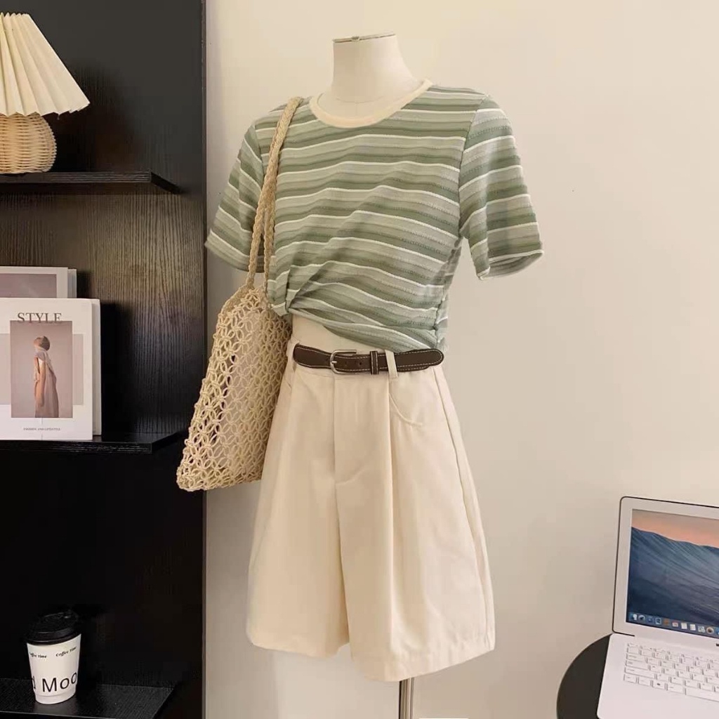 Áo thun croptop nữ tay ngắn cổ tròn kẻ sọc màu sắc hàng Quảng Châu chất cotton, áo phông mùa hè thời trang hàn 702 5