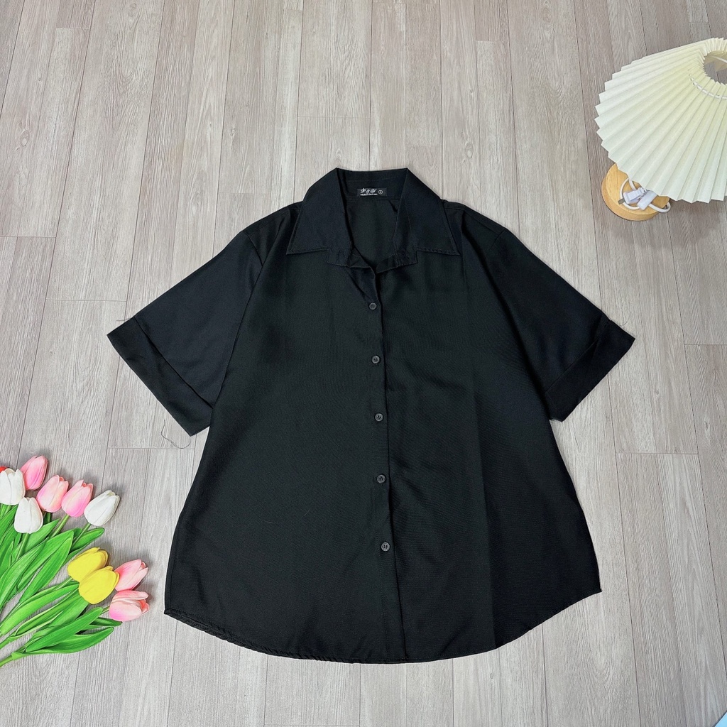 Áo Sơ Mi Nữ Bigsize Cộc Tay Xẻ Lưng Cài Cúc Sau,Áo Sơ Mi Kiểu Dễ Thương Vải Lụa Chéo AT10