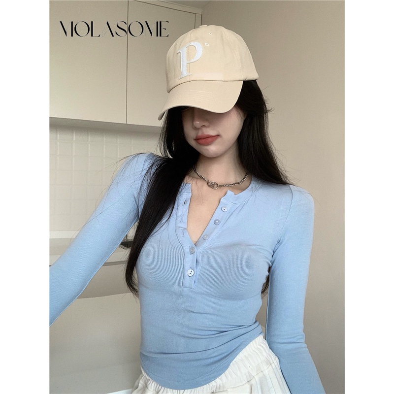 Polaroisome Áo Thun Tay Dài Cổ Chữ v Màu Trơn Ôm Dáng Thời Trang 2023 Cho Nữ