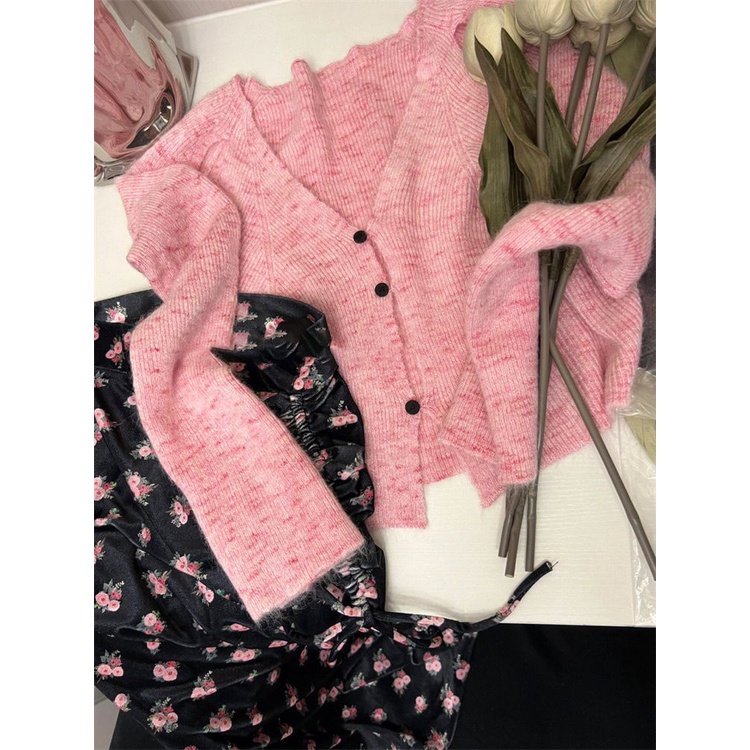 Bộ Áo Khoác cardigan Dệt Kim + Chân Váy Xếp Ly Màu Hồng Thời Trang Phong Cách Mới 2023