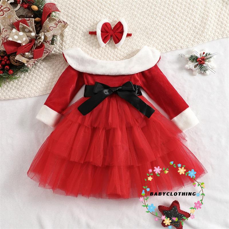 Set 2 Món Áo Trễ Vai Tay Dài + Đầm tulle + Băng Đô Chủ Đề Giáng Sinh Cho Bé Gái