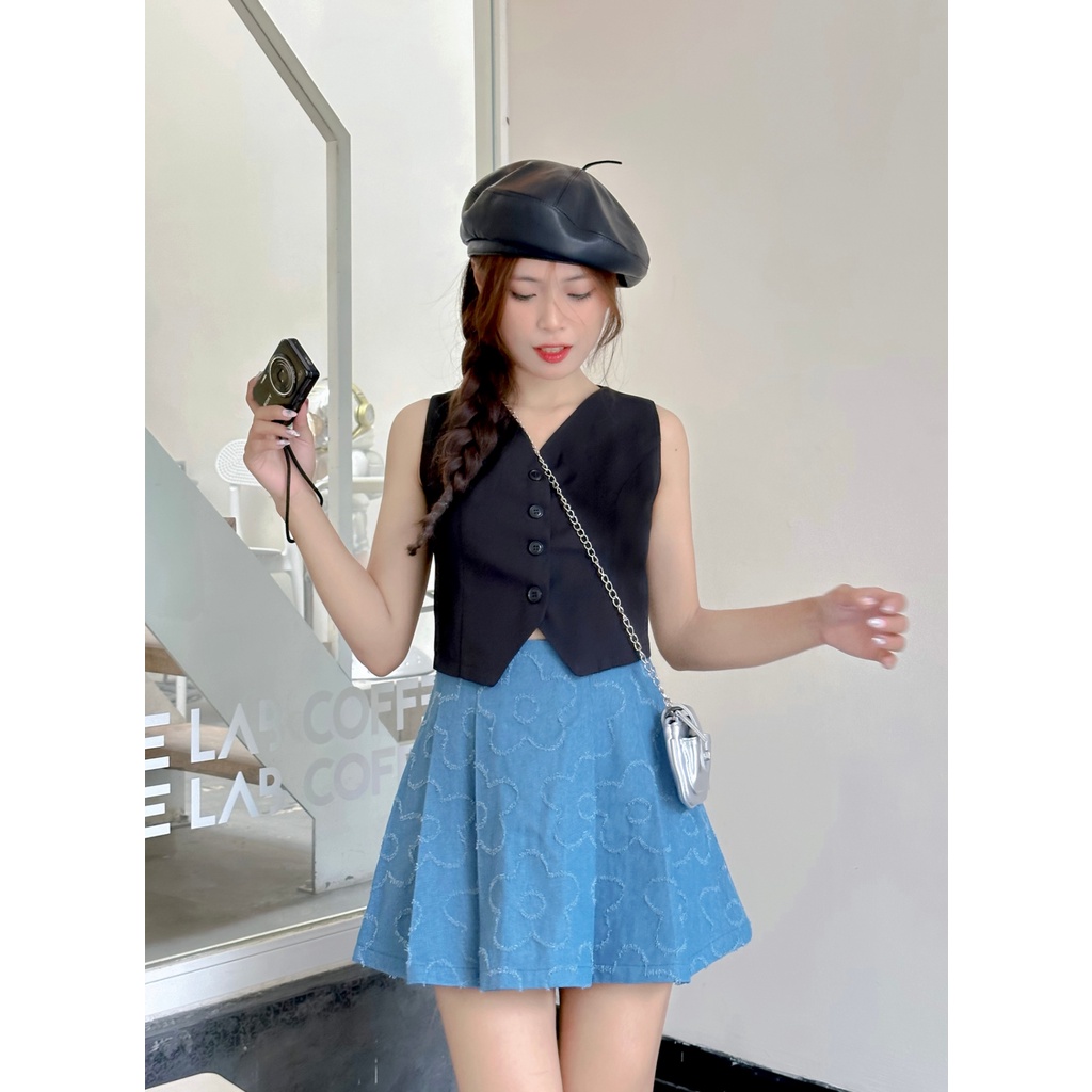 Chân váy denim hoa xếp ly Ara skirt