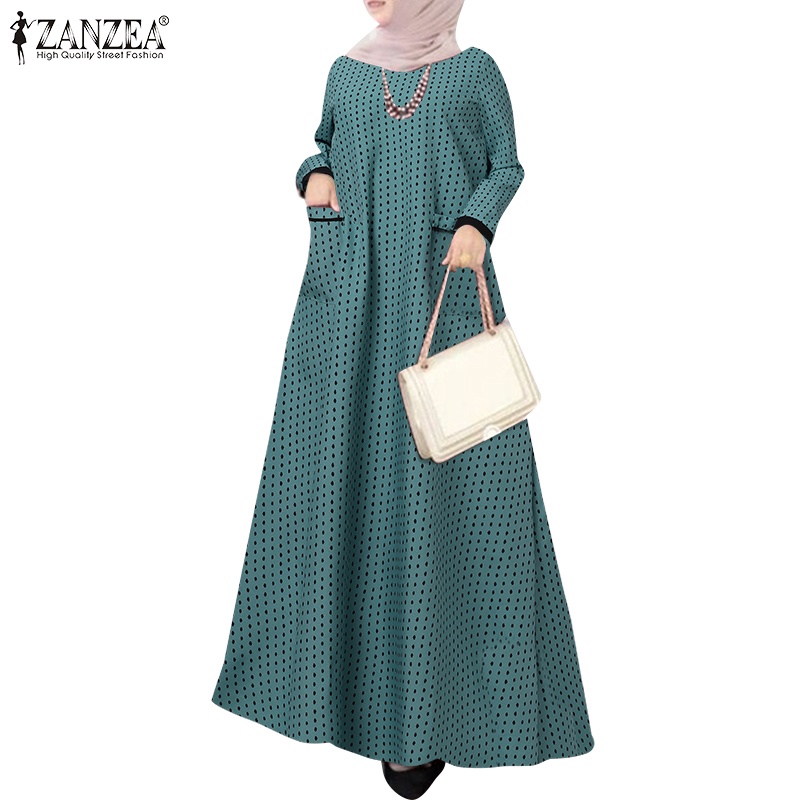 Đầm maxi ZANZEA tay dài cổ tròn họa tiết chấm bi cho phụ nữ Hồi giáo