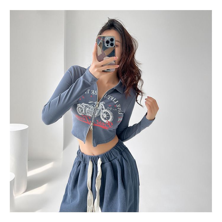 Áo baby tee y2k croptop tay dài áo thu đông Áo phông áo thun nữ croptop dài tay Áo Thun Ngắn Tay Dài Có Khóa Kéo Hai Lớp In Họa Tiết Xe Máy Phong Cách Mỹ
