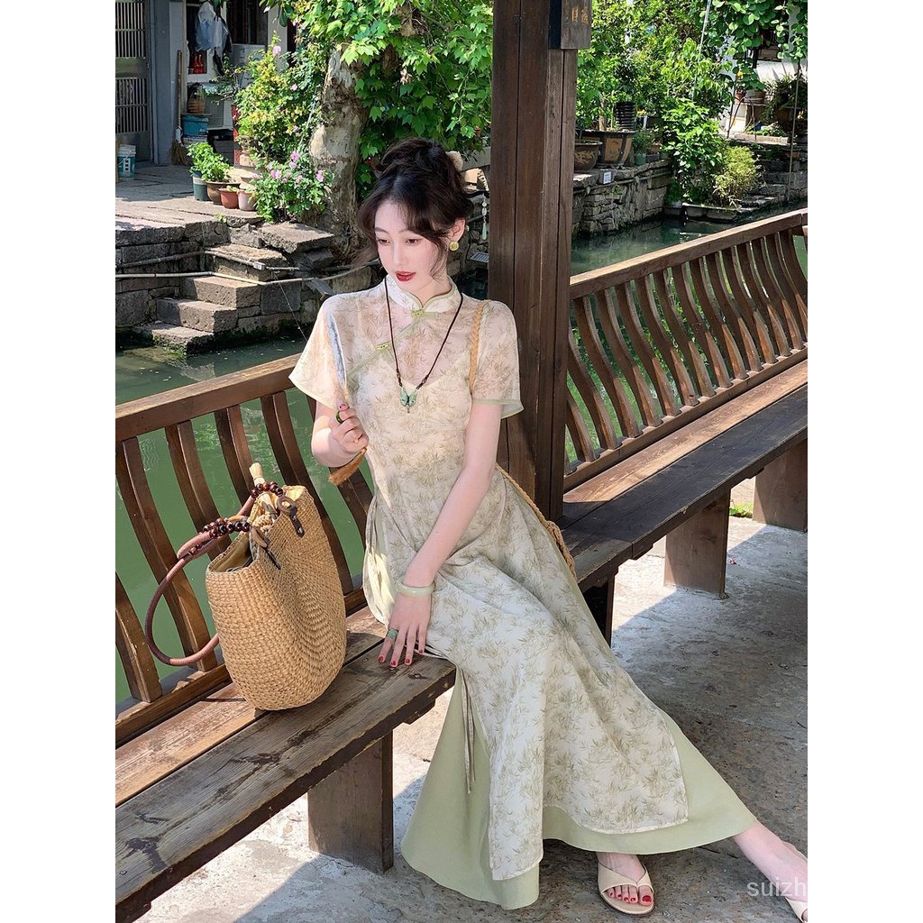 Sườn Xám Cách Tân Tay Ngắn Chiết Eo Phong Cách Trung Hoa Cổ Điển Thời Trang Cho Nữ p04